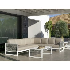 Salon De Jardin Sofa Monterrey-28 Finition Blanc/Cordage Gris Tissus Beige Michel Dralon De 4 À 9 Places