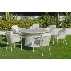 Set Salon De Jardin À Manger Rhodos-150-Krion/Tulip-3 Avec Coussin(S) Complet(S) X6 Dralon Finition Blanc/Cordage Blanc Tissus Anais Blanc Dralon De 6 Places
