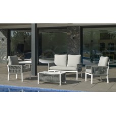 Salon De Jardin Sofa Aluminium Et Corde Havana-7 Finition Blanc/Cordage Gris Tissus Anais Blanc Dralon De 4 À 5 Places