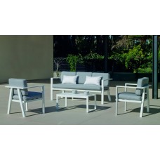 Salon De Jardin Sofa Azores-8 Finition Blanc Tissus Gris Clair Mariland Dralon De 5 Places