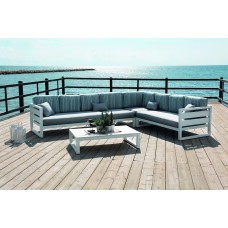 Salon De Jardin Sofa Cosmos-28 Finition Blanc Tissus Assise Gris Mariland / Dossier Raye Vigore Dralon De 4 À 7 Places