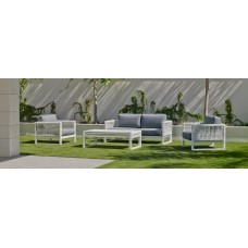 Salon De Jardin Sofa Monterrey-7 Finition Blanc/Cordage Blanc Tissus Gris Clair Marilan Dralon De 4 À 5 Places