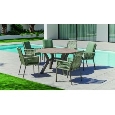 Set Salon De Jardin À Manger Veneto-Ø150-Neolith/Catania-3 Avec Coussin(S) Complet(S) X6 Dralonlux Finition Champagne/Neolith Bois Boheme Tissus Amaya Vert Kaki Dralonlux De 6 Places