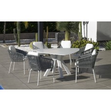 Set Salon De Jardin À Manger Everest-159-Krion/Tulip-3 Avec Coussin(S) Complet(S) X6 Dralon Finition Blanc/Cordage Gris Tissus Anais Blanc Dralon De 6 Places