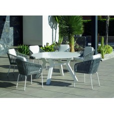 Set Salon De Jardin À Manger Montblanc-150-Krion/Tulip-3 Avec Coussin(S) Complet(S) X6 Dralon Finition Blanc/Cordage Gris Tissus Anais Blanc Dralon De 6 Places