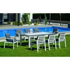 Set Salon De Jardin À Manger Camelia-Hpl-220/8+8C-Dralonlux Finition Blanc/Hpl Design Blanc Tissus Enma Gris Fonce Dralonlux De 8 Places