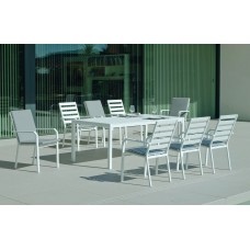 Set Salon De Jardin À Manger Palma-220 Avec 8Xcaravel-3 + Coussin(S) Complet(S)  Finition Blanc Tissus Gris Clair Marilan Dralon De 8 Places
