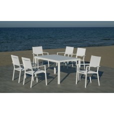 Set Salon De Jardin À Manger Palma-220 Avec 6Xroma-3 Finition Blanc Tissus Blanc Textilene De 6 Places
