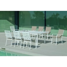 Set Salon De Jardin À Manger Palma-170/220 Avec 8Xcaravel-3 + Coussin(S) Complet(S)  Finition Blanc Tissus Beige Elsa Dralon De 8 Places