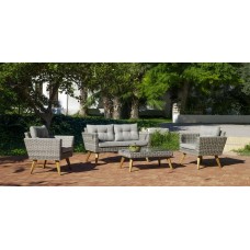 Salon De Jardin Sofa Meridien-7 Finition Pieds En Bois Acacia Tissus Gris  De 5 Places