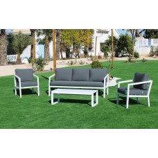 Salon De Jardin Sofa Acapulco-8 Finition Blanc Tissus Sara Gris Fonce Dralon