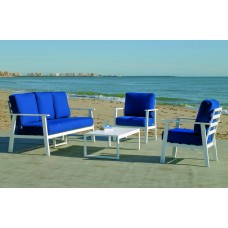 Salon De Jardin Sofa Eliot-8 Set Sofa 3 Plazas Finition Blanc Tissus Bleu Marino Dralon