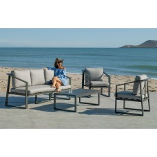 Salon De Jardin Sofa Sadem-8 Set Sofa 3 Plazas Finition Anthracite Tissus Gris Clair Mariland Dralon