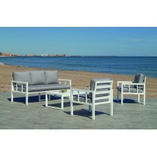 Salon De Jardin Sofa Solano-8 Set Sofa 3 Plazas Finition Blanc Tissus Gris Clair Mariland Dralon