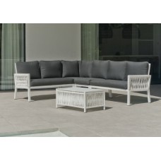 Salon De Jardin Sofa Corner Aluminium Et Corde Havana-28 Finition Blanc Corde Blanche Tissus Sara Gris Fonce Dralon