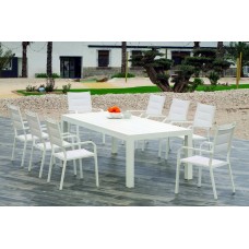 Set Table À Manger Extensible + 8 Fauteuils Camelia-220/Priscila-3/X8 Finition Blanc Tissus Blanc Textilene