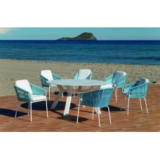 Set Table À Manger Haut De Gamme + 6 Fauteuils Veneto-Ø150-Piedra/Tulip-3/6/Dr Finition Blanc / Pierre Carrara Tissus Blanc / Corde Bleue / Anais Blanc Dralon