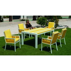 Set Table À Manger Haut De Gamme + 6 Fauteuils Luarca-180/Luarca-3/6/Dralonlux Finition Blanc/Jaune Tissus Judith Jaune / Passepoil Blanc Dralonlux