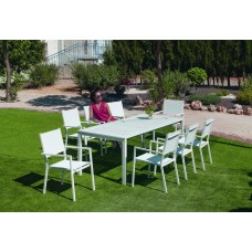 Set Table À Manger Extensible + 8 Fauteuils Singapur-150-H77/Corcega-3/8 Finition Blanc Tissus Blanc Textilene