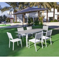 Salon De Jardin À Manger Palma Hpl-130/180+6Xsion-2/Viena-300 Finition Blanc / Hpl Argenta Tissus Blanc Textilene